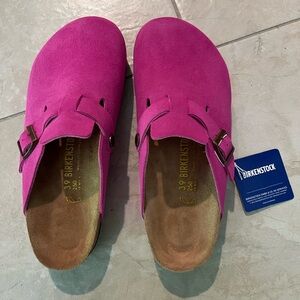 Pink Boston Birkenstock clogs
